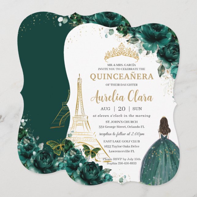 Invitation Quinceañera Emerald Green Floral Paris Gold Crown (Devant / Derrière)