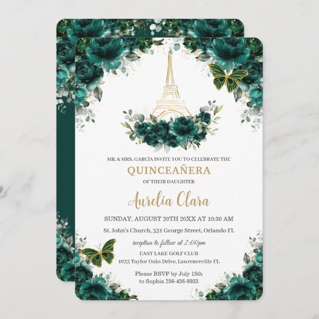 Invitation Quinceañera Emerald Green Floral Paris Papillons (Devant / Derrière)