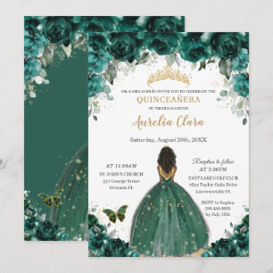 Invitation Quinceañera Emerald Green Floral Princess Crown