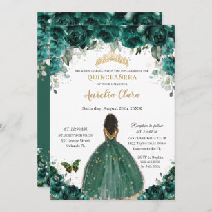 Invitation Quinceañera Emerald Green Floral Princess Crown