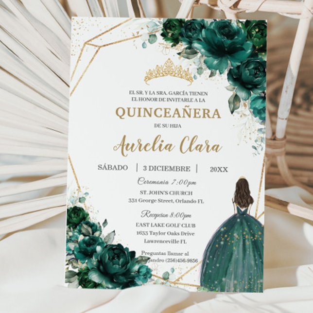 Invitation Quinceañera Emerald Green Floral Princess Español (Créateur téléchargé)