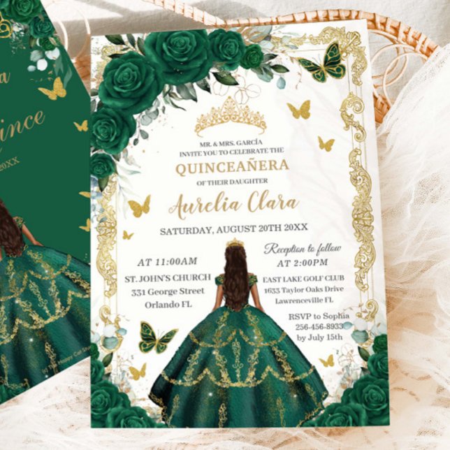 Invitation Quinceañera Emerald Green Floral Princess Gold (Créateur téléchargé)