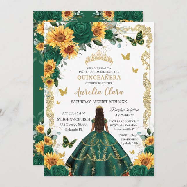 Invitation Quinceañera Emerald Green Floral Sunflowers Gold (Devant / Derrière)