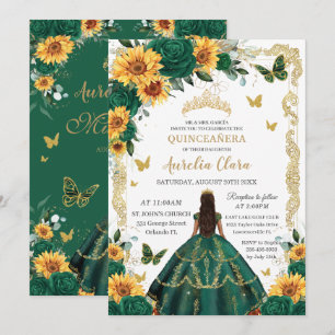Invitation Quinceañera Emerald Green Floral Sunflowers Gold