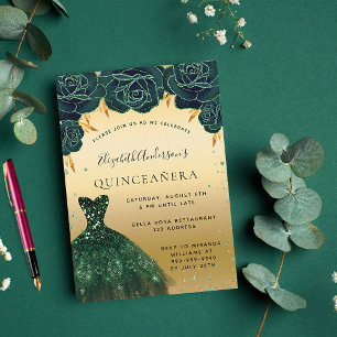 Invitation Quinceanera emerald green gold dress floral