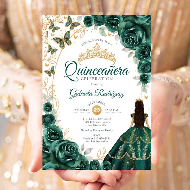 Invitation Quinceanera Emerald Green Gold Floral (Créateur téléchargé)