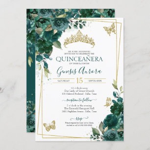 Invitation Quinceañera Emerald Green Gold Floral Butterfly