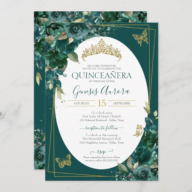 Invitation Quinceañera Emerald Green & Gold Floral Butterfly (Devant / Derrière)