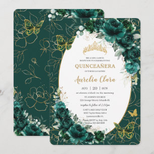 Invitation Quinceañera Emerald Green Gold Floral Papillons