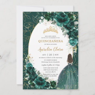 Invitation Quinceañera Emerald Green Gold Floral Princesse