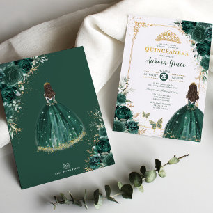 Invitation Quinceañera Emerald Green Gold Floral Princesse