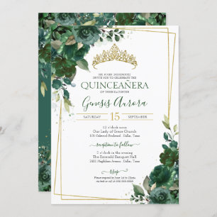 Invitation Quinceañera Emerald Green & Gold Watercolor Floral