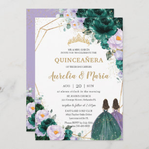 Invitation Quinceañera Emerald Green Lilac Floral Rose Twins