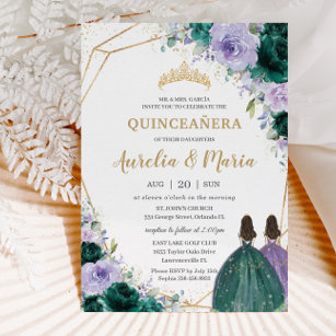 Invitation Quinceañera Emerald Green Lilac Twins floraux