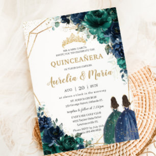 Invitation Quinceañera Emerald Green Navy Blue Floral Twins