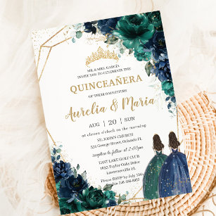Invitation Quinceañera Emerald Green Navy Blue Floral Twins