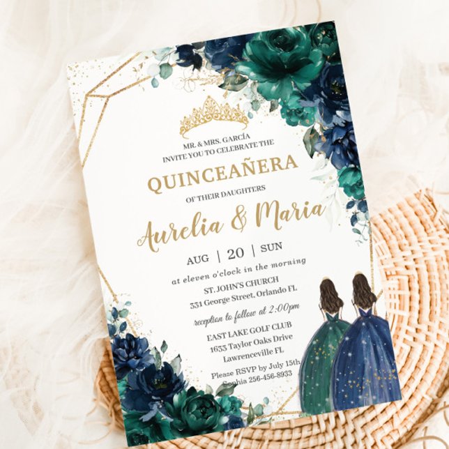 Invitation Quinceañera Emerald Green Navy Blue Floral Twins (Créateur téléchargé)