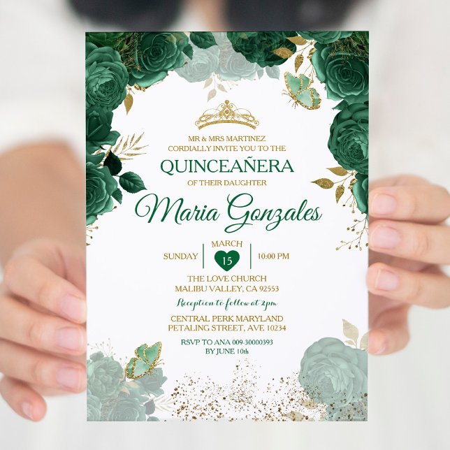 Invitation Quinceañera Emerald Green Papillon mexicain (Créateur téléchargé)
