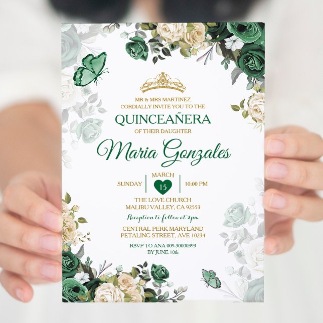 Invitation Quinceañera Emerald Green Papillon mexicain (Créateur téléchargé)