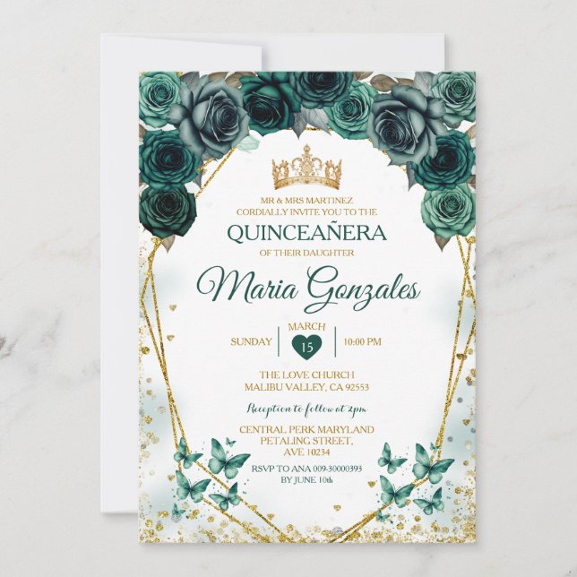 Invitation Quinceañera Emerald Green Papillon mexicain (Devant)