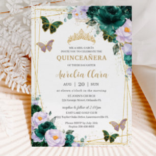 Invitation Quinceañera Emerald Green Purple Floral Papillon