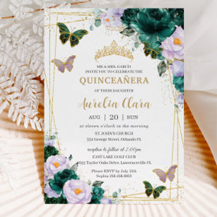 Invitation Quinceañera Emerald Green Purple Floral Papillon