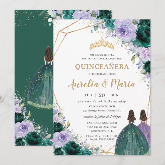 Invitation Quinceañera Emerald Green Purple Floral Twins (Devant / Derrière)