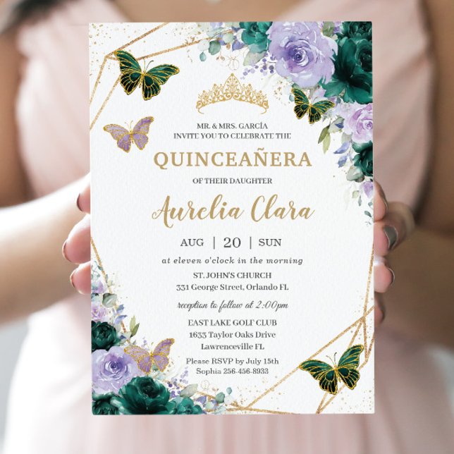 Invitation Quinceañera Emerald Green Purple Lilac Floral (Créateur téléchargé)