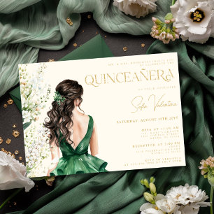 Invitation Quinceañera Emerald Green Robe Floral Brunette