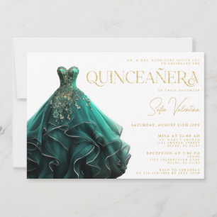 Invitation Quinceañera Emerald Green robe Gown Gold Princess