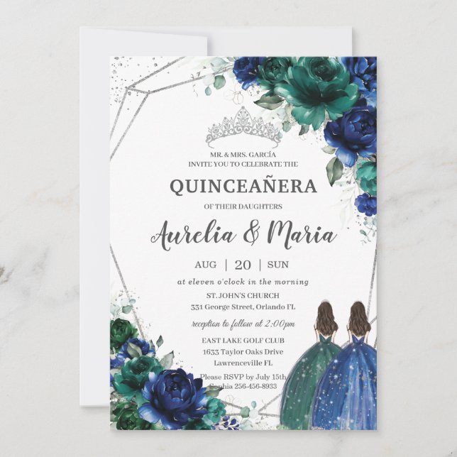 Invitation Quinceañera Emerald Green Royal Blue Floral Twins (Devant)