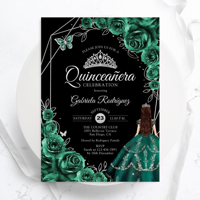Invitation Quinceanera Emerald Green Silver Dress Floral (Créateur téléchargé)