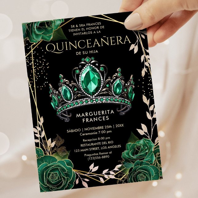 Invitation Quinceañera Emerald Green Tiara Floral Espagnol (Créateur téléchargé)