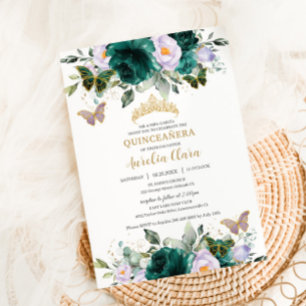 Invitation Quinceañera Emerald Purple Floral Butterflies or