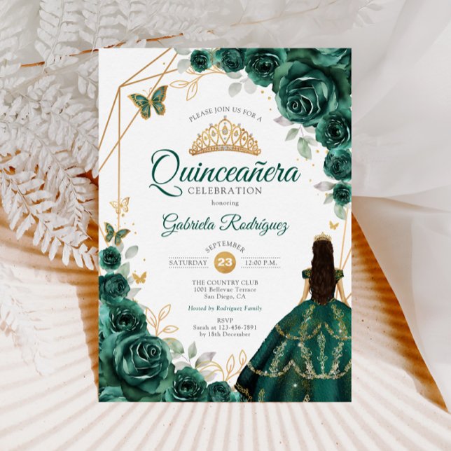 Invitation Quinceanera Emerald Vert Robe Or (Créateur téléchargé)