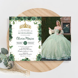 Invitation Quinceañera Émeraude Fleurs Papillons Photo