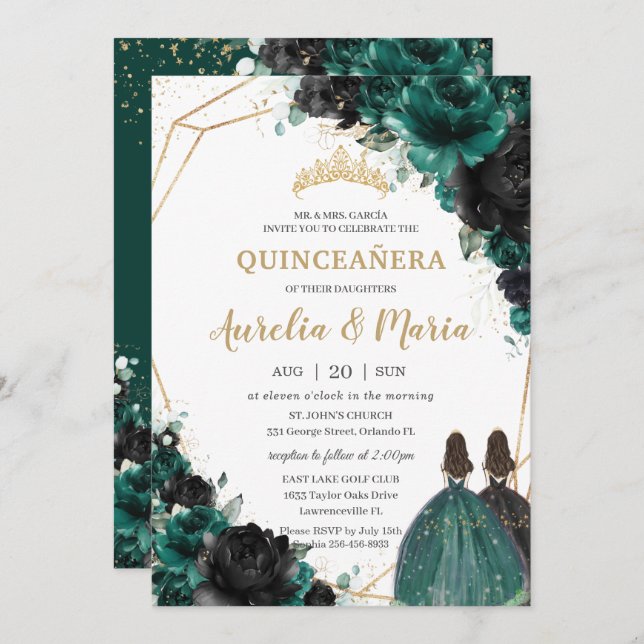 Invitation Quinceañera Émeraude Noir Fleurs Roses Jumelles (Devant / Derrière)