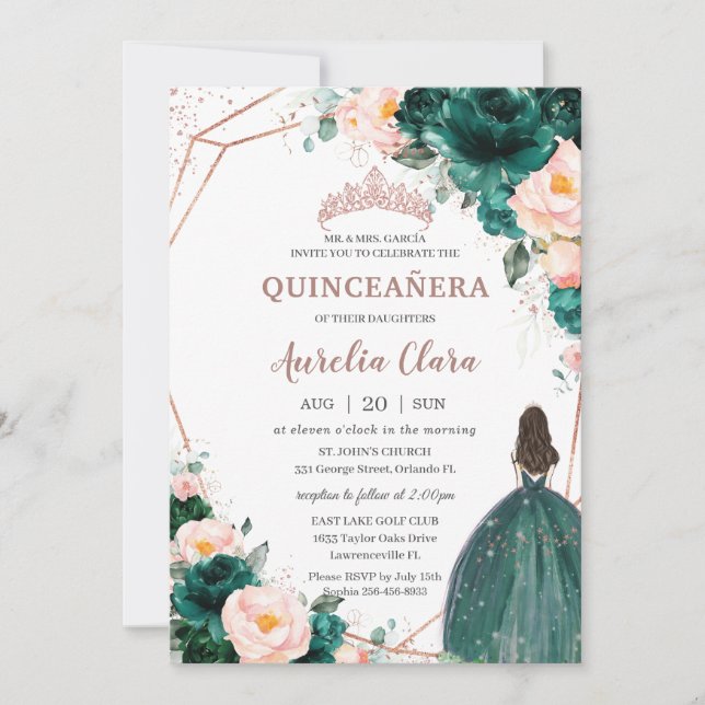 Invitation Quinceañera Émeraude Vert Clair Floral Rose Gold (Devant)