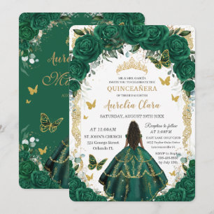 Invitation Quinceañera Émeraude Vert Floral Brun Princesse
