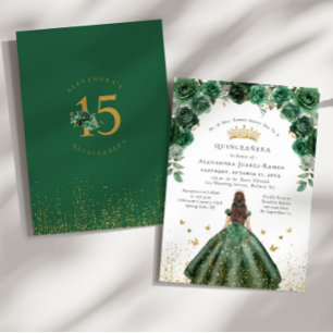 Invitation Quinceañera Émeraude Vert Floral Faux Or Feuille