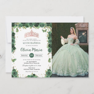 Invitation Quinceañera Émeraude Verte Florale Papillons Photo
