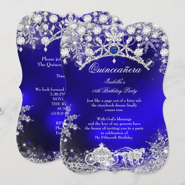Invitation Quinceanera en argent bleu 15e Wonderland en hiver (Devant / Derrière)