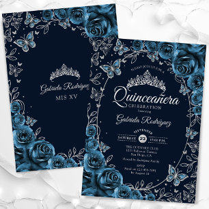 Invitation Quinceanera en argent bleu marine