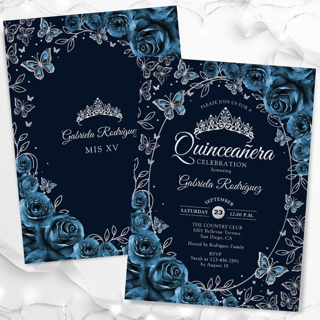Invitation Quinceanera en argent bleu marine (Créateur téléchargé)