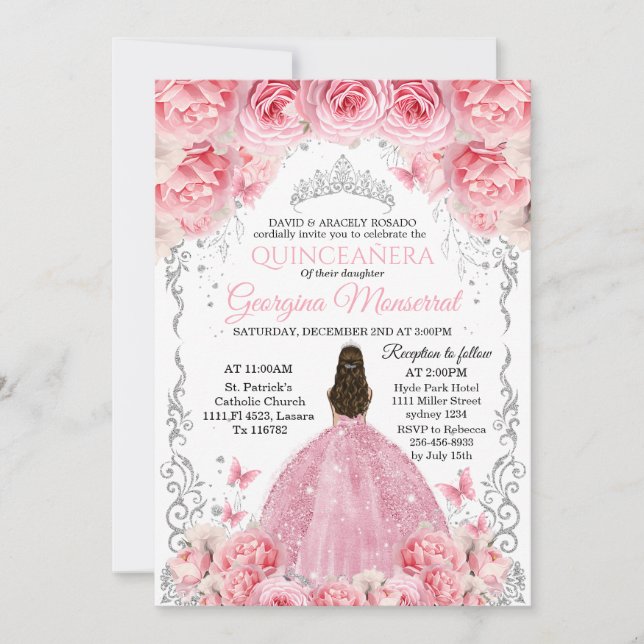 Invitation Quinceañera en argent rose Design flora (Devant)