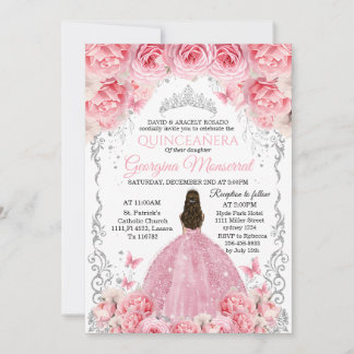 Invitation Quinceañera en argent rose Design flora
