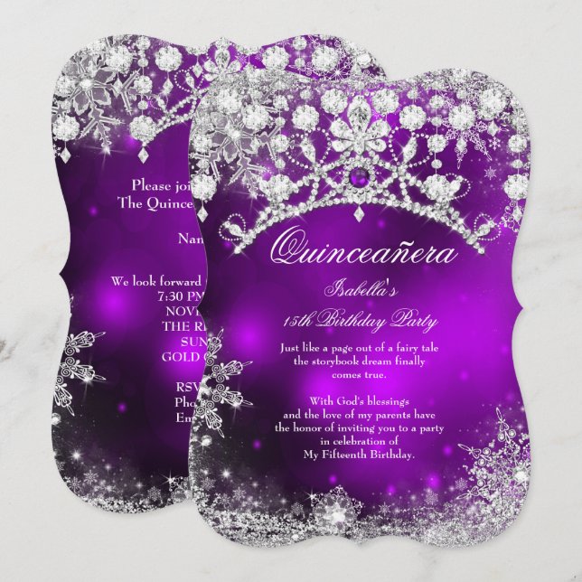 Invitation Quinceanera en argent violet 15e Wonderland d'hive (Devant / Derrière)