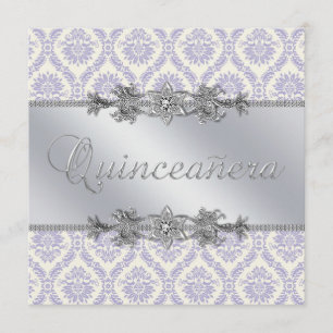 Invitation Quinceanera en argent violet damassé