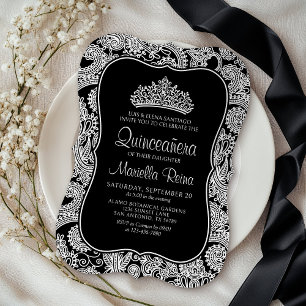 Invitation Quinceañera en dentelle blanche noire