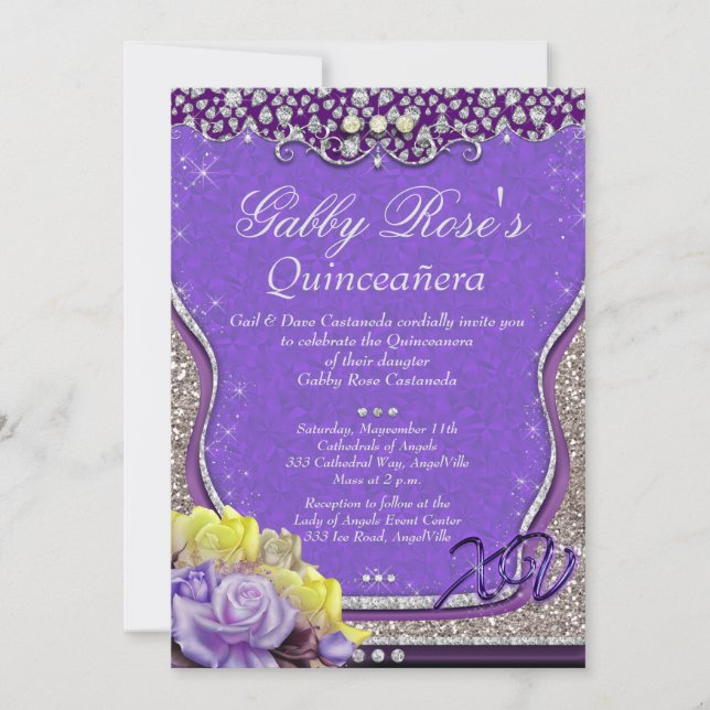 Invitation Quinceañera en diamant violet et doux 16 (Devant)